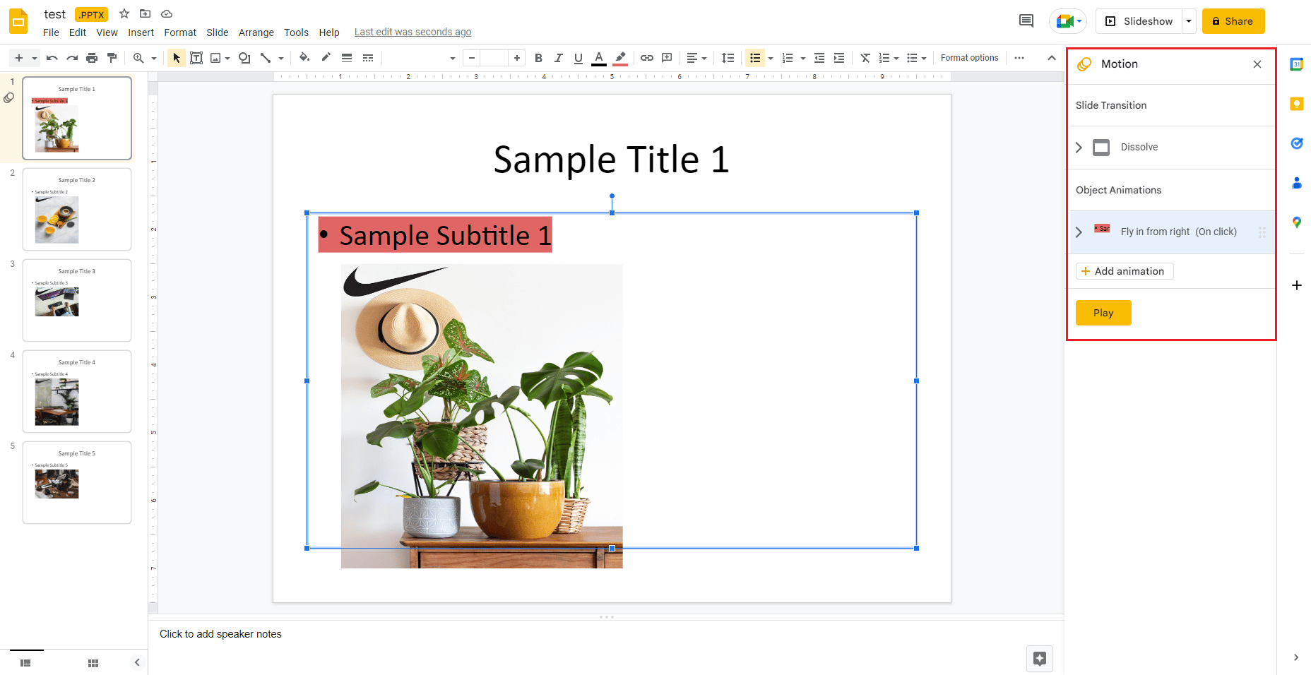 Animation menu in Google Slides