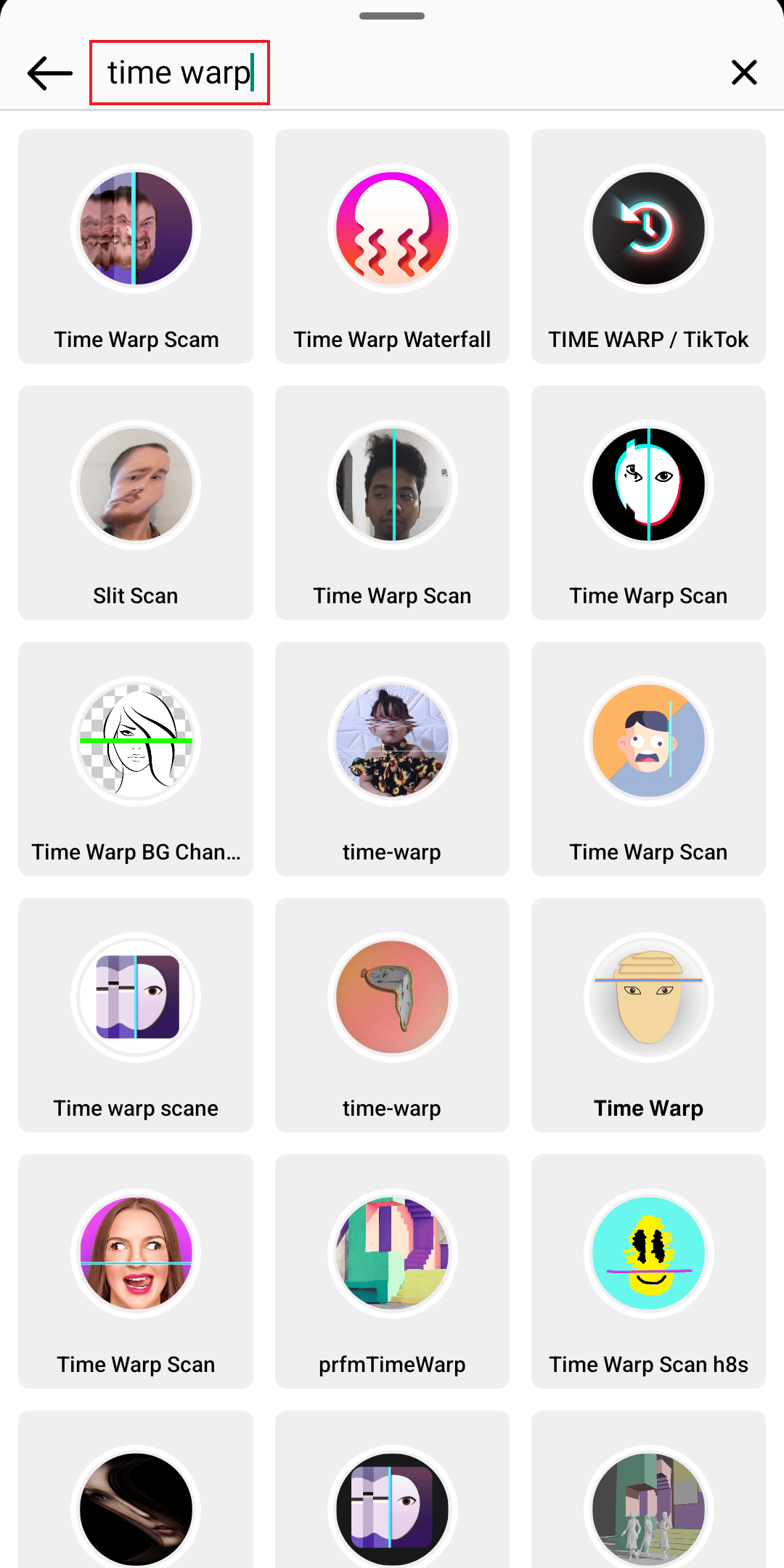 tap on the search icon and type time warp on instagram