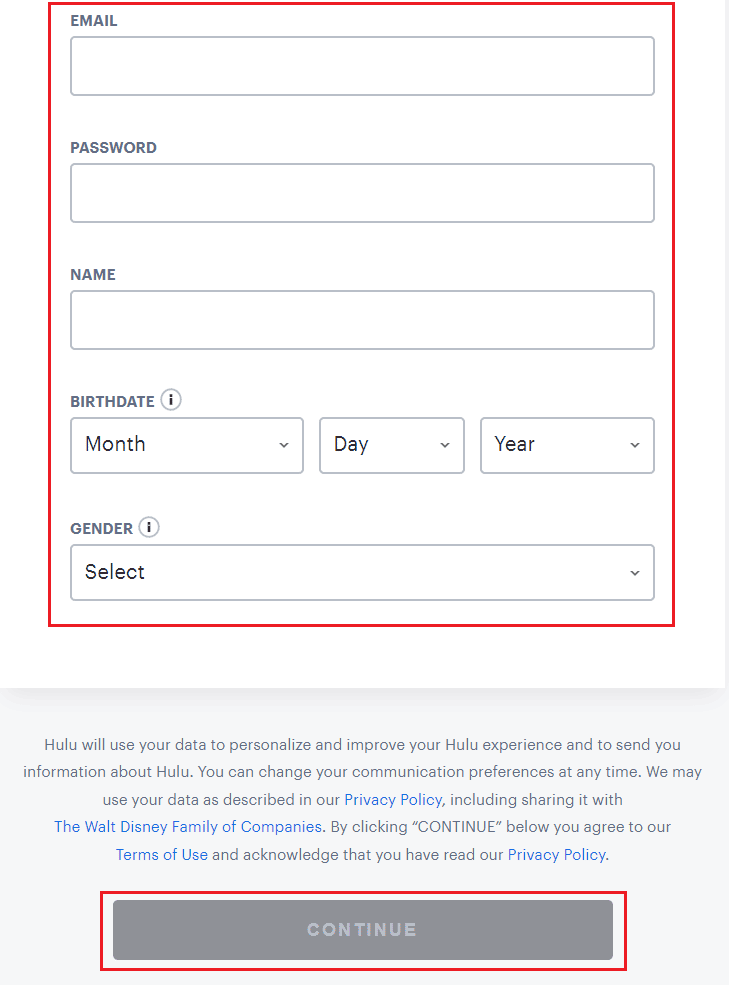 Enter the relevant details in the fields and click on CONTINUE | How to Get a Free Hulu Account