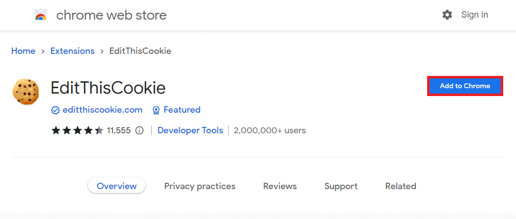 Open the EditThisCookie browser extension website and click on the Add to Chrome button