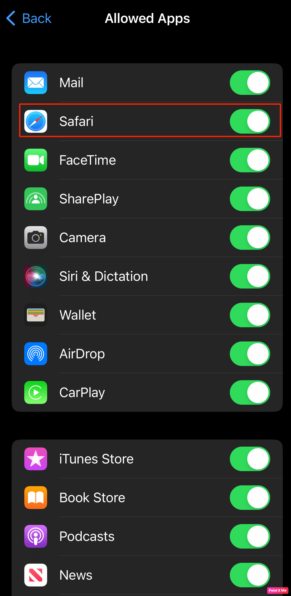 toggle on safari option