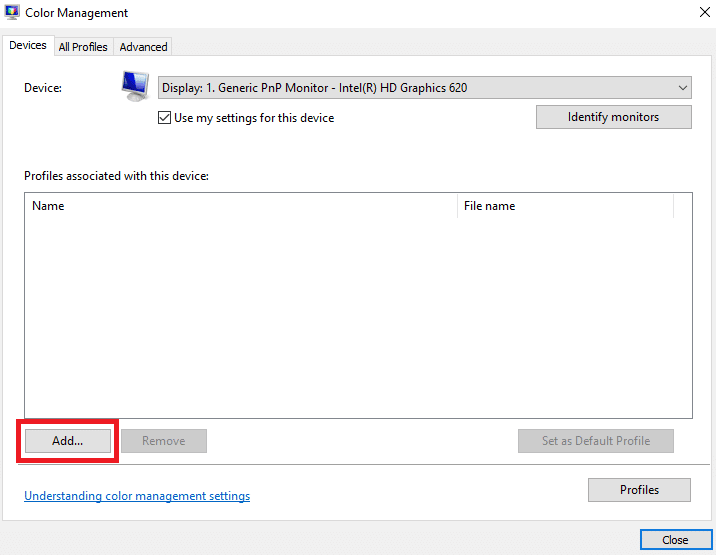 Click on the Add option in the Color Management window. How to Install ICC Profile on Windows 10