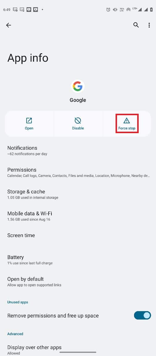 Locate and tap on the Force stop icon. Fix Google for Android Shows Offline Issue