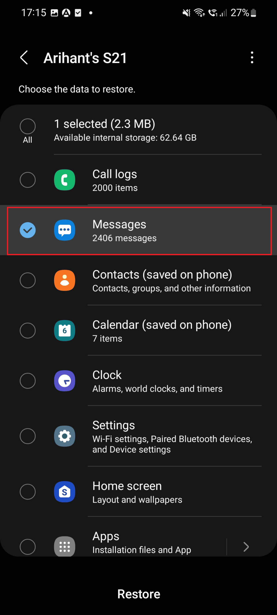 Tick mark the Messages icon