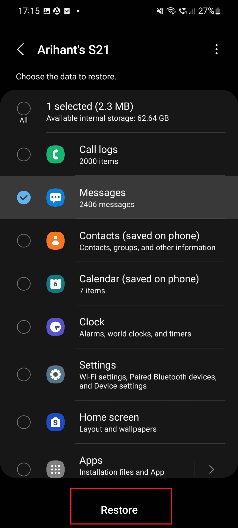 tap on the Restore option