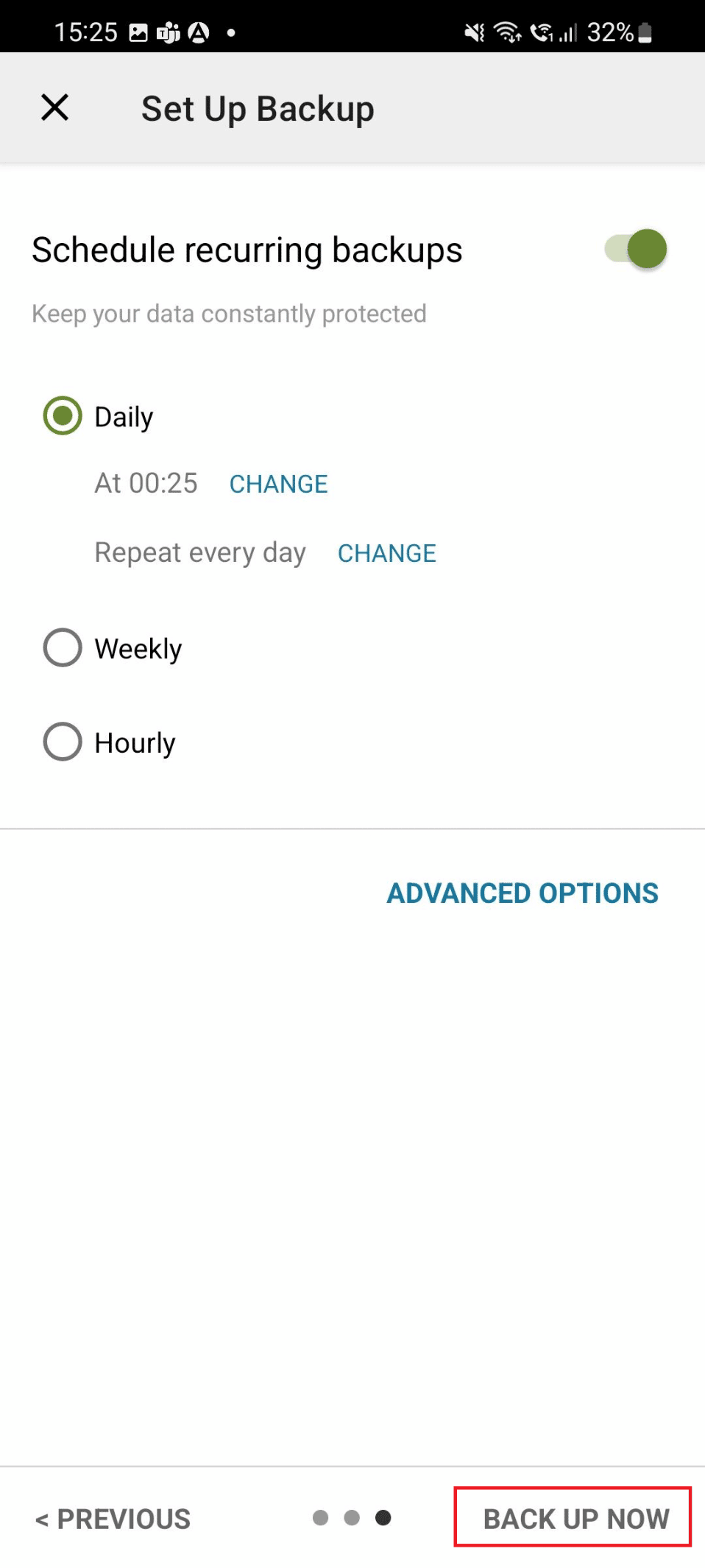 tap on the BACK UP NOW option