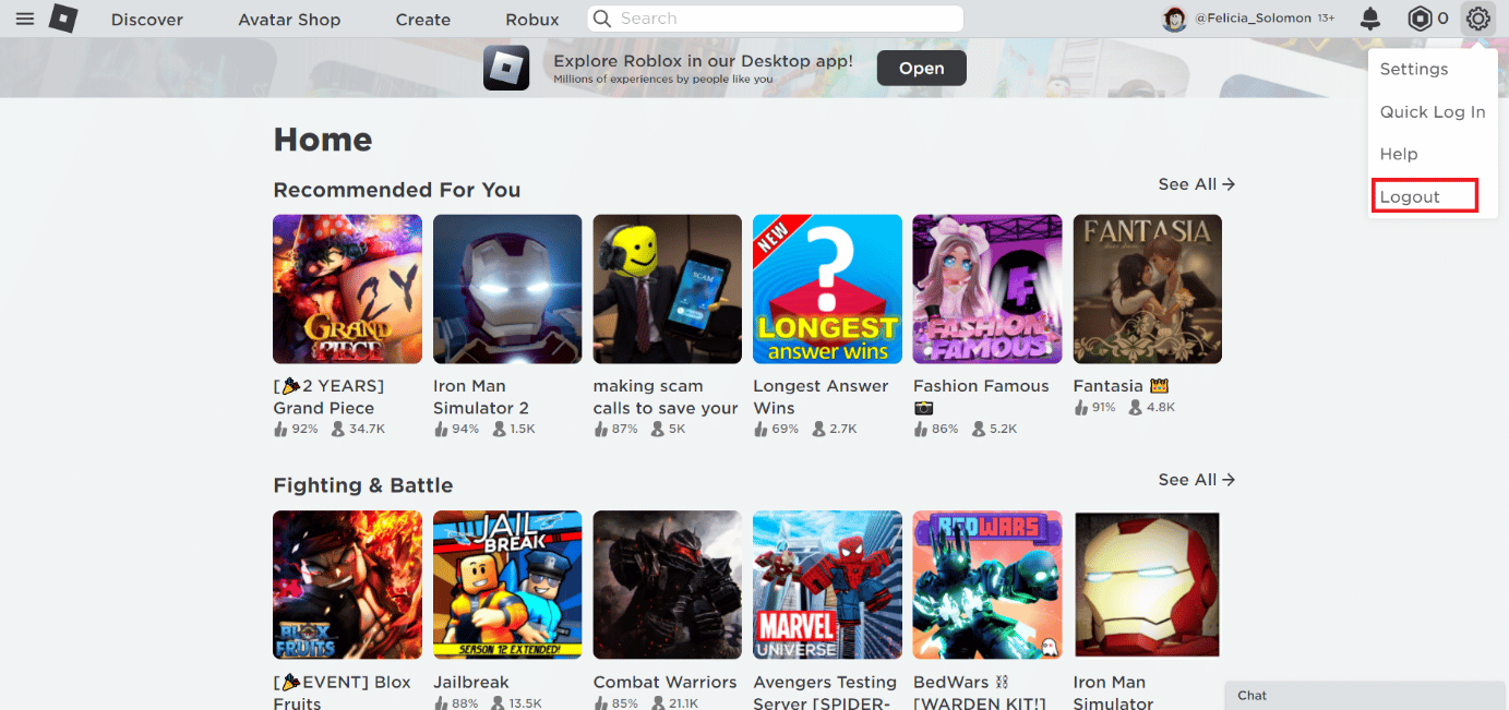 Click on the gear icon and select Logout | switch accounts on Roblox