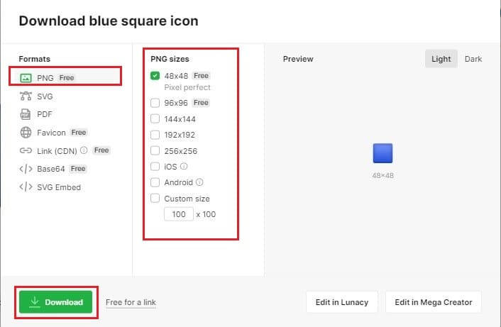 select the appropriate PNG sizes and click on Download