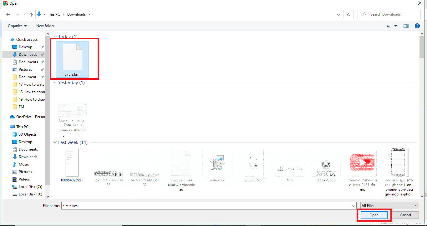 Select the circle.kml file and click on Open option