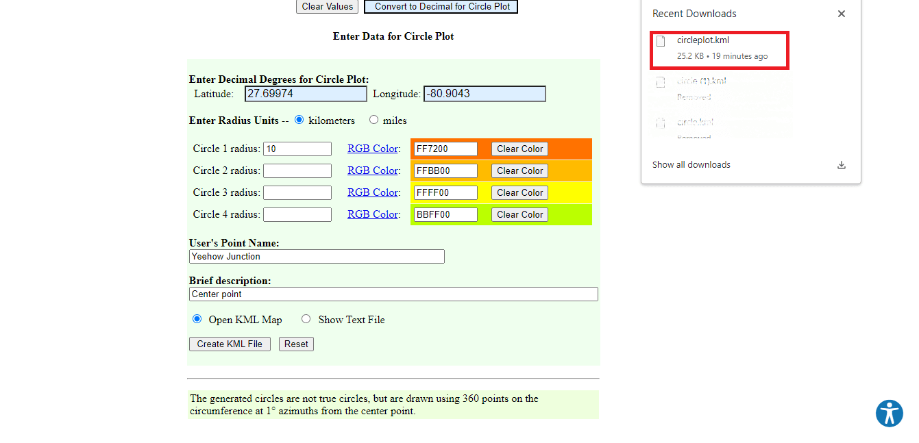 A file named circleplot.kml will download