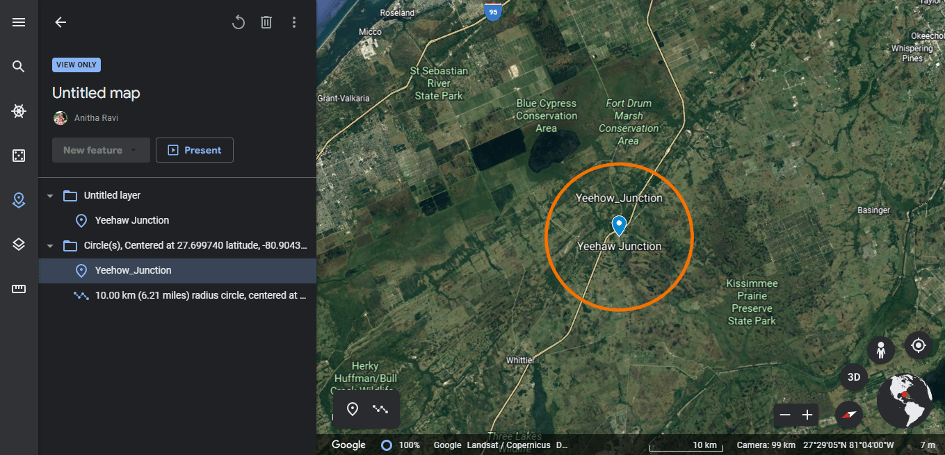 You will finally be able to see the radius in Google Earth