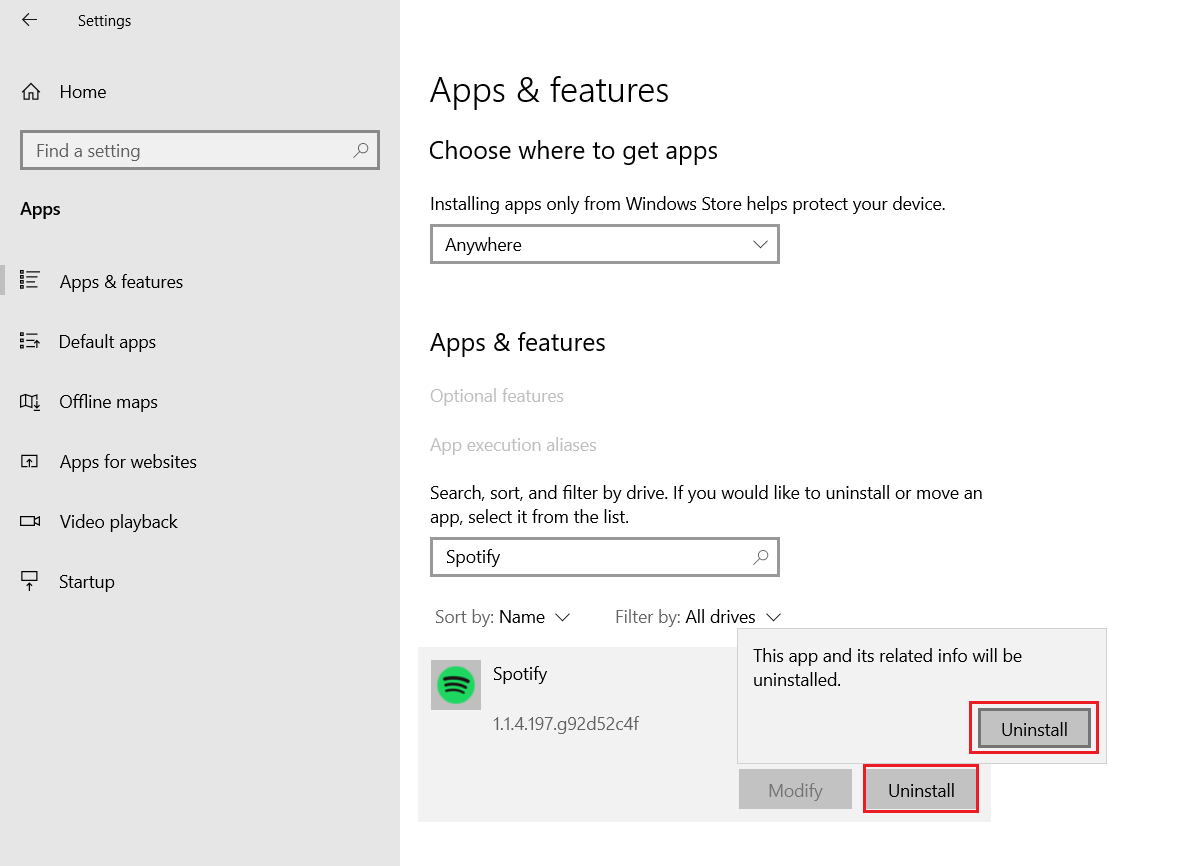 select Uninstall to remove spotify app from windows