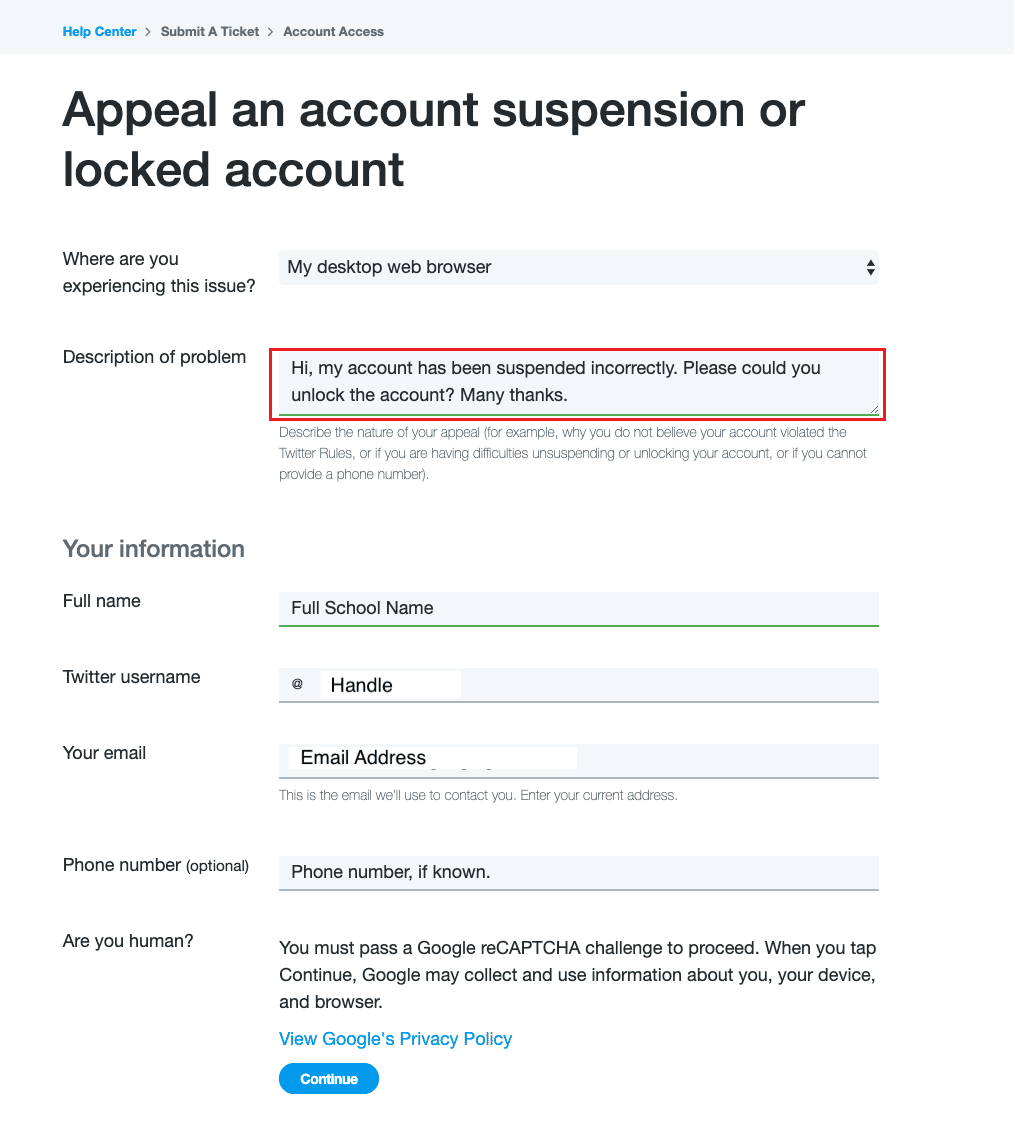 Twitter help center description of your problem