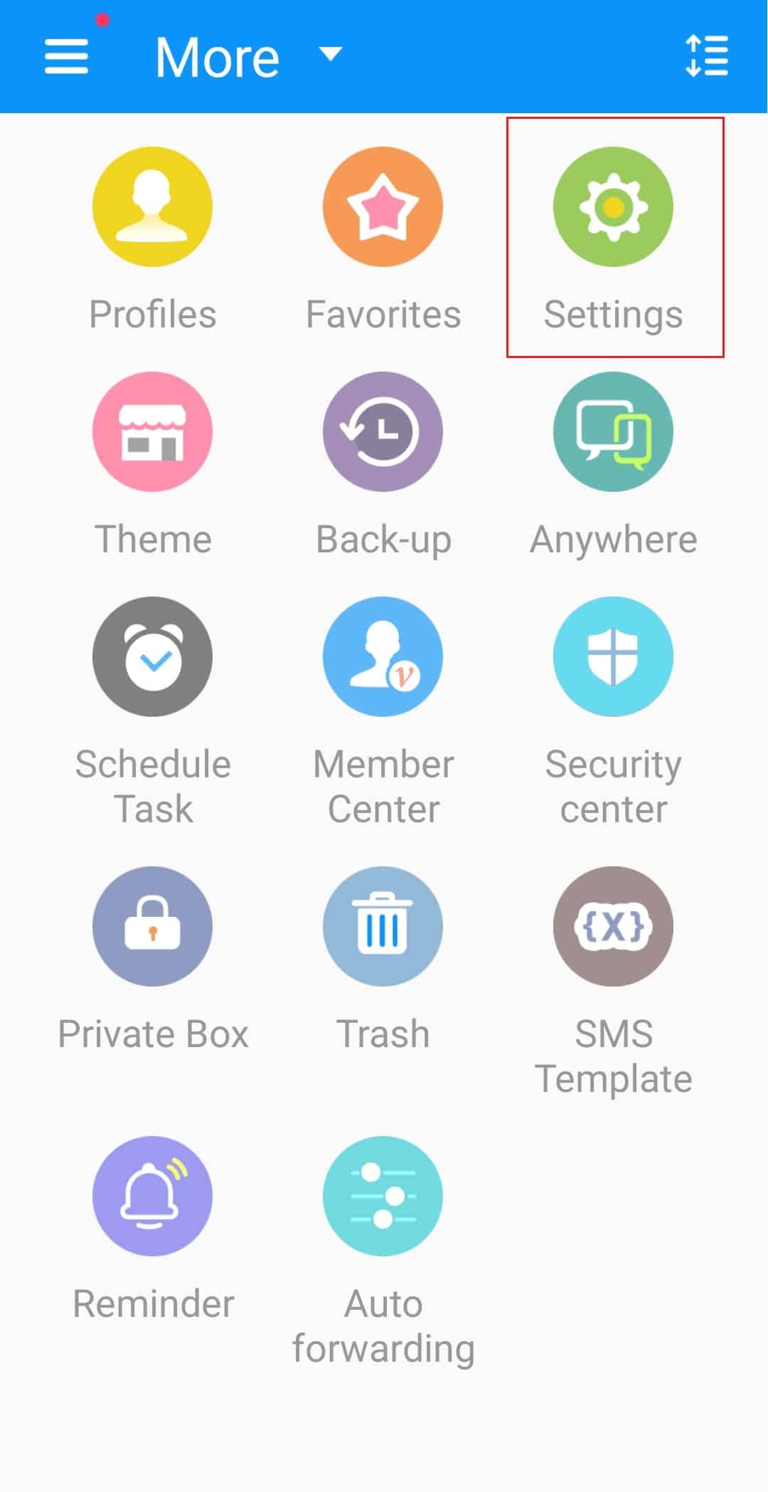 tap on Settings in Handcent Next SMS messenger