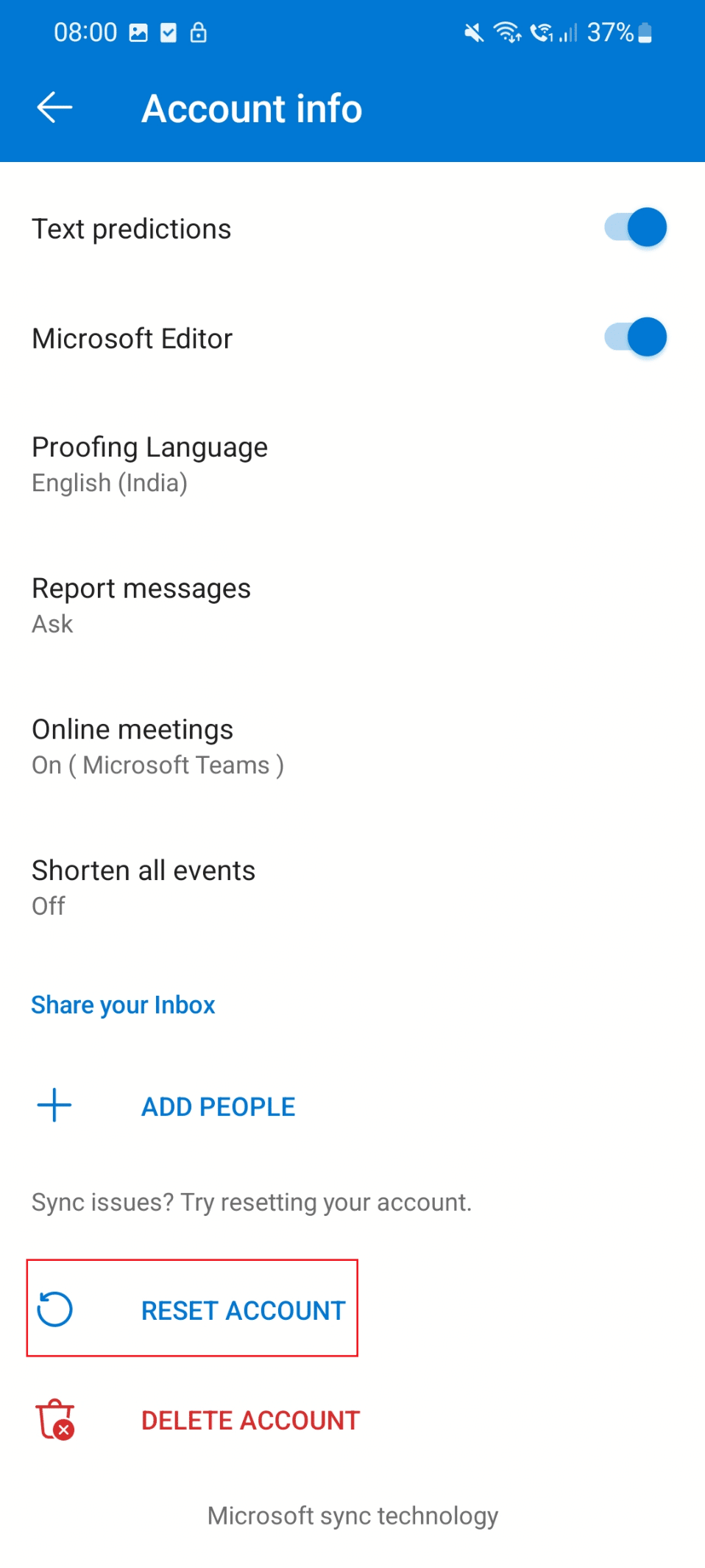 locate and select the Reset Account option