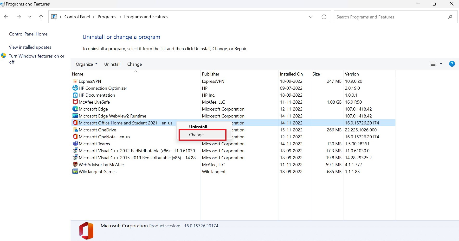 Right-click on the Microsoft office option and then select the Change option