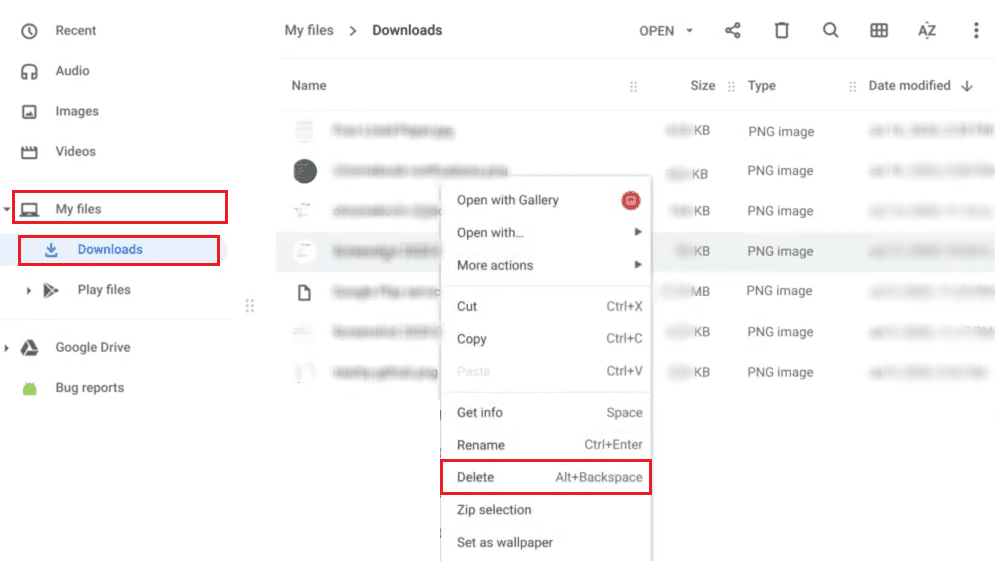 desired folder - My files - Downloads folder - right-click desired image - Delete