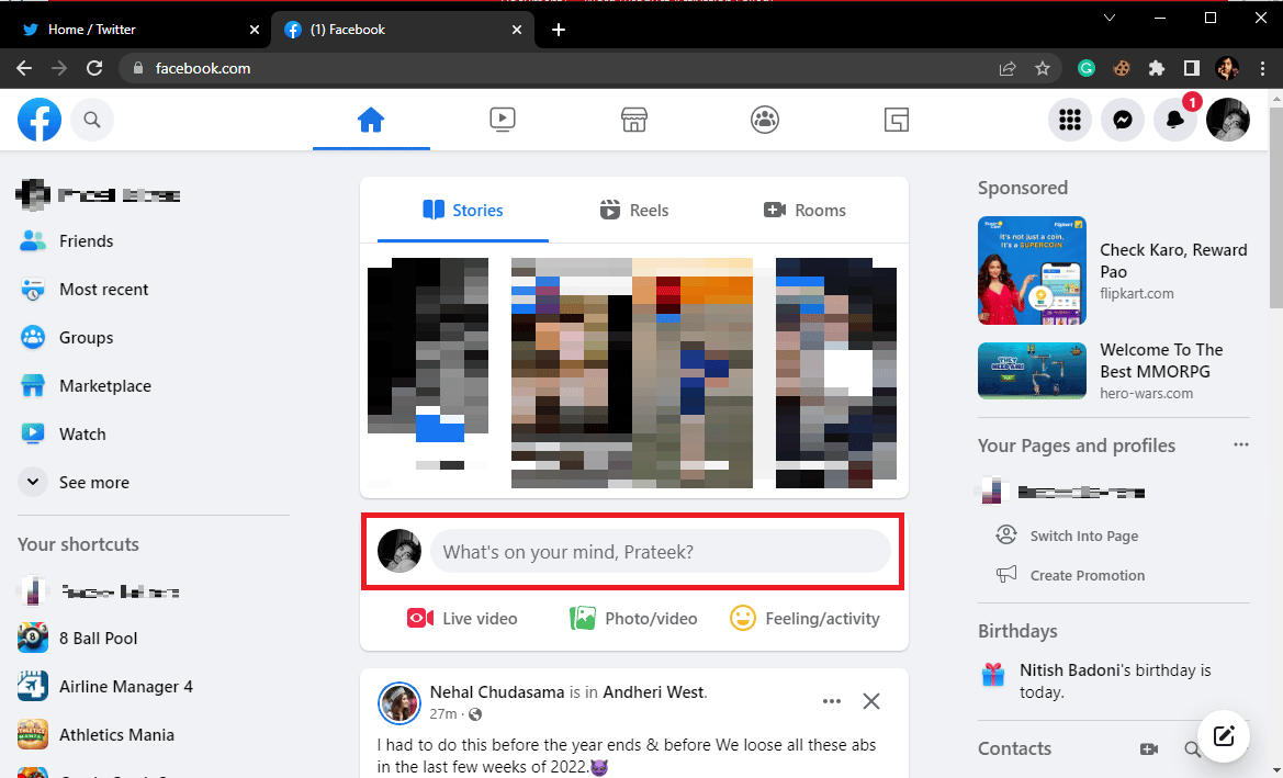click on What’s on your mind box. How to Share Twitter Post on Facebook