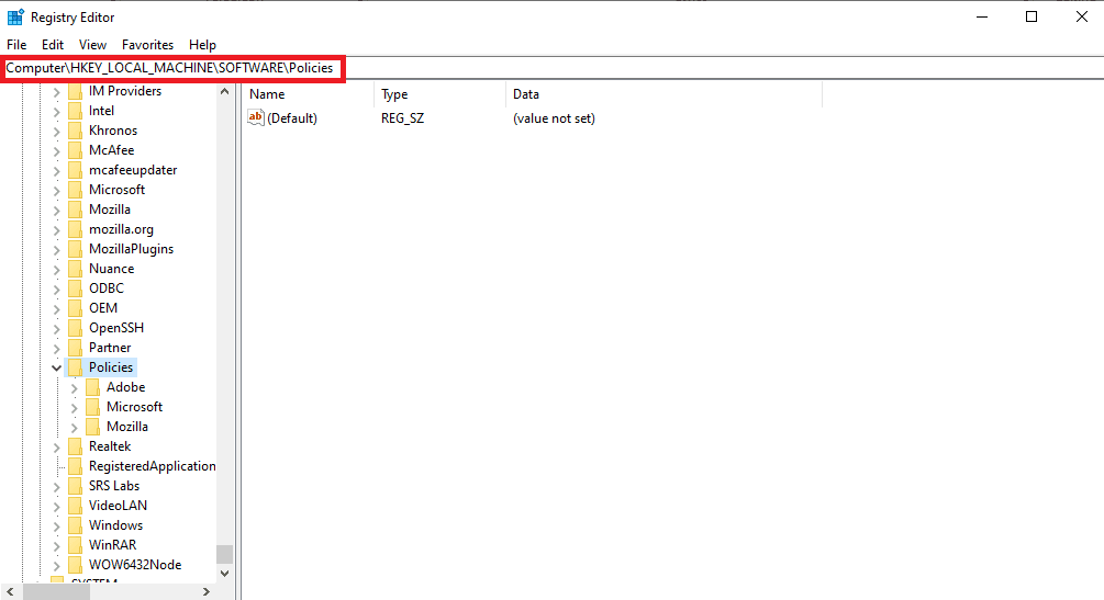 navigate to the following location HKEY_LOCAL_MACHINE\SOFTWARE\Policies
