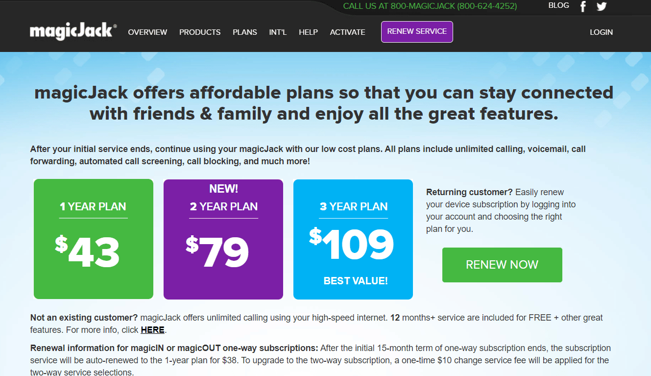magicJack VoIP Plans page