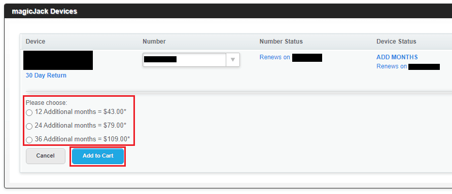choose the desired plan and click on Add to Cart | How to Renew Your magicJack Account