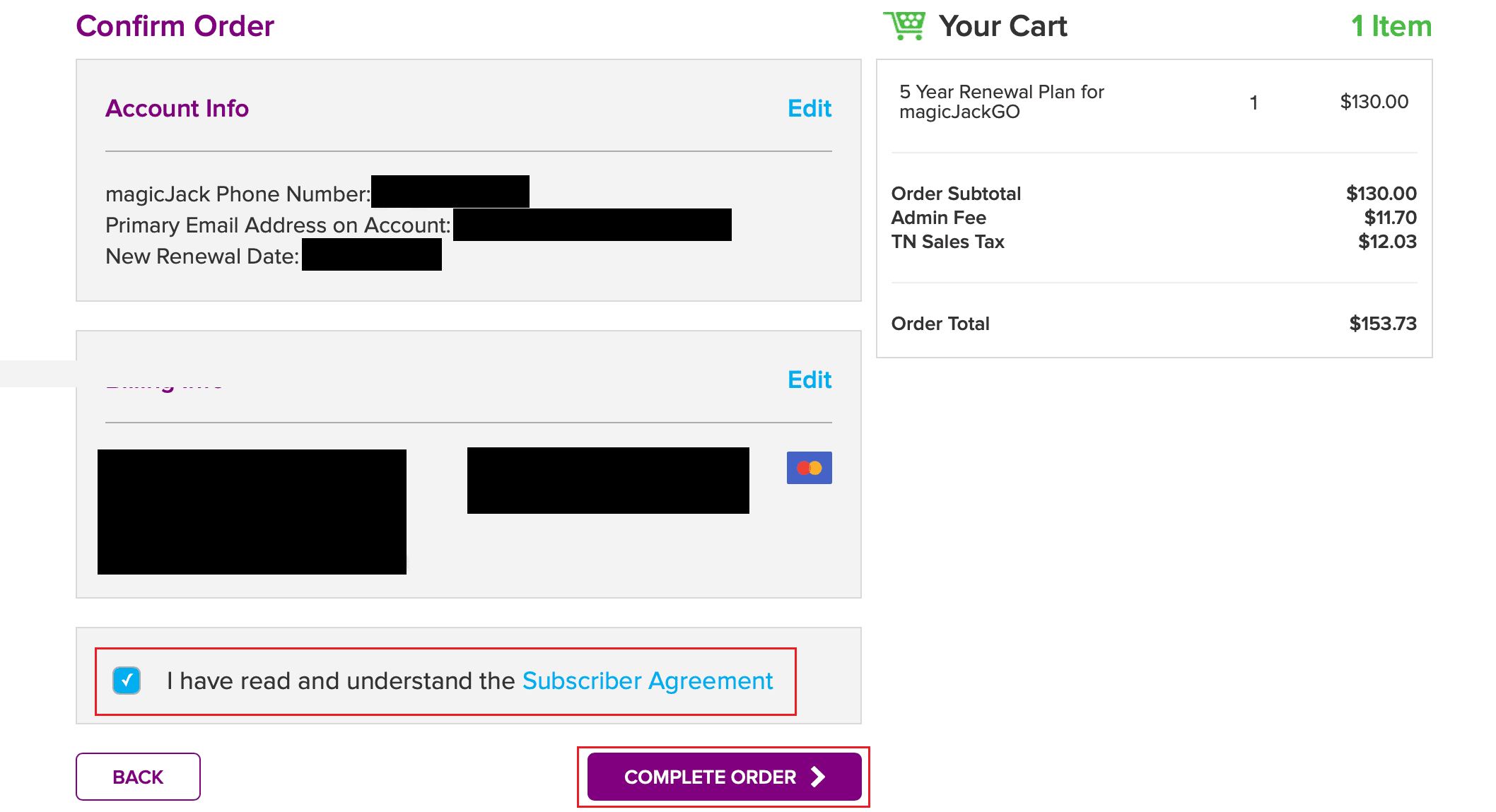Review the magicJack Subscriber Agreement, mark the checkbox to confirm reviewing, and click on COMPLETE ORDER
