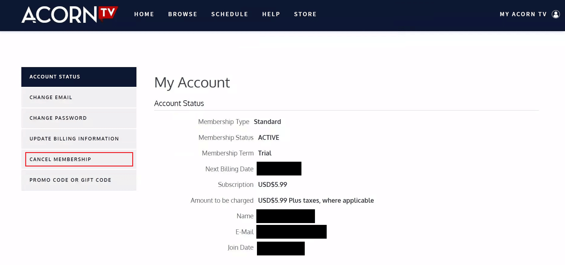 click on the CANCEL MEMBERSHIP tab from the left pane | Acorn included with Amazon Prime
