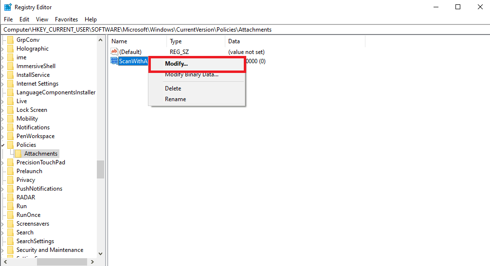 Right click on the New DWORD key and click Modify… 