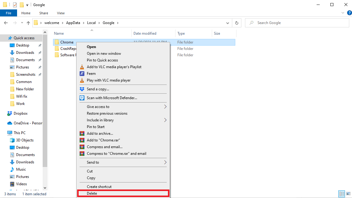 right click on the Chrome folder and click Delete