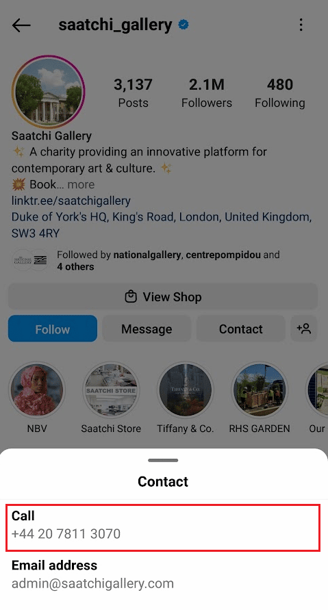 Locate the phone number in the Call section