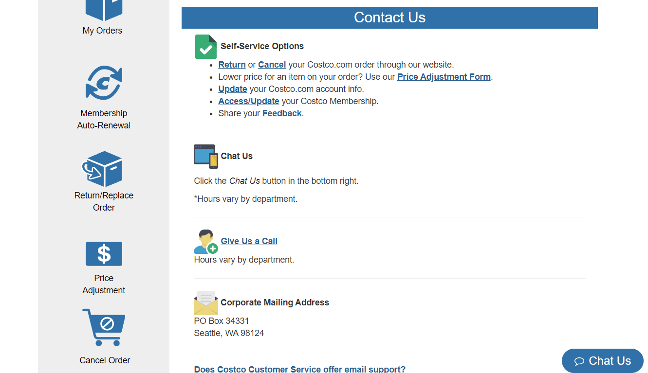 Costco Customer Services Centre page