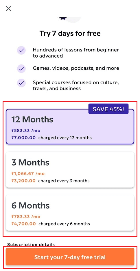 Choose the desired plan and tap on Start your 7-day free trial | Is Babbel Good for Beginners?