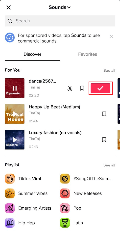 Tap on the desired sound - checkmark icon