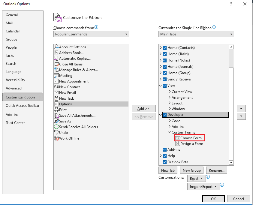Click on Choose form disable reply all Outlook 365