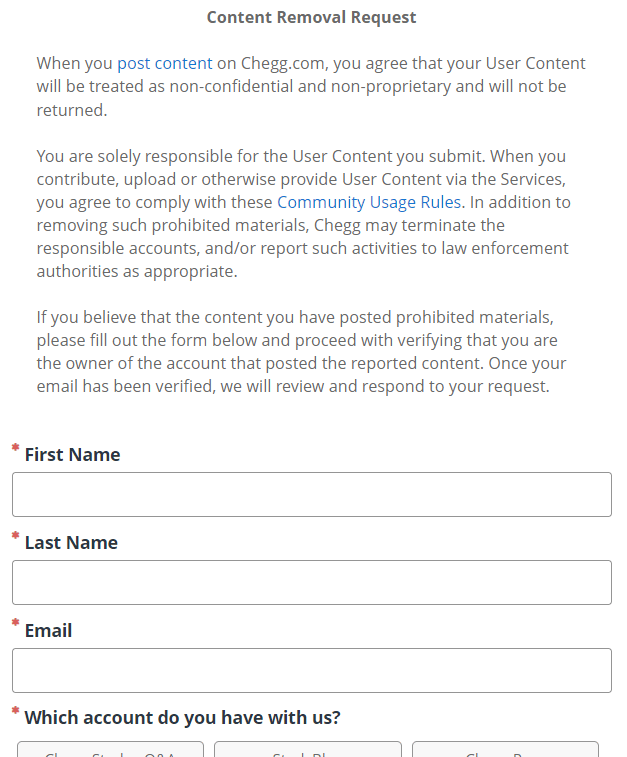 Content Removal Request Chegg