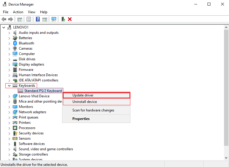 locate and double click the Keyboards dropdown menu to expand it. Right-click on the desired keyboard device (e.g. Standard PS/2 Keyboard) and click the Update driver option 