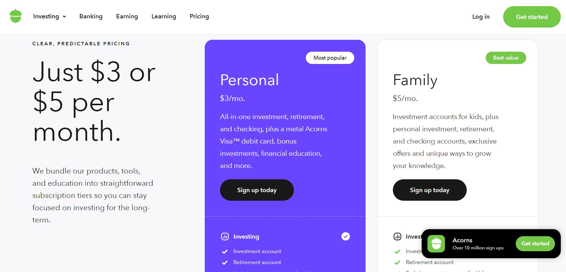 Acorns Pricing page