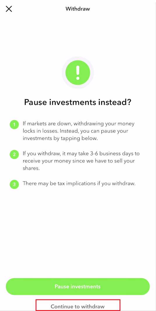 tap on Withdraw - Continue to withdraw | create Acorns invest account