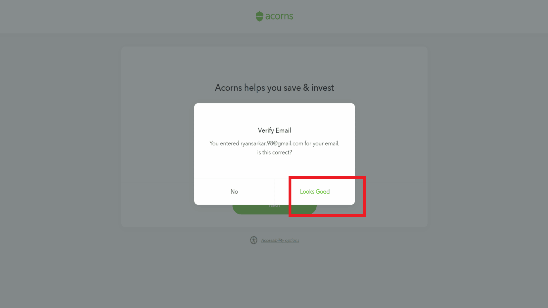 verify your email | create Acorns invest account