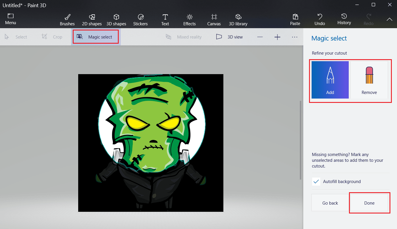 Magic select tab - Add - select the desired area inside the shape - Remove - outside area of the desired shape - Done