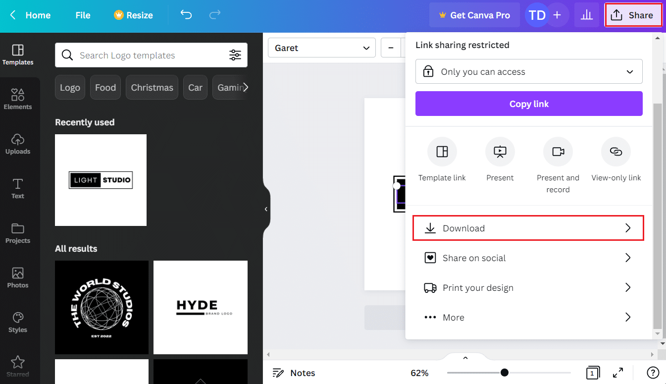 Click on Share - Download to save the edited logo on your device | change the text on your logo