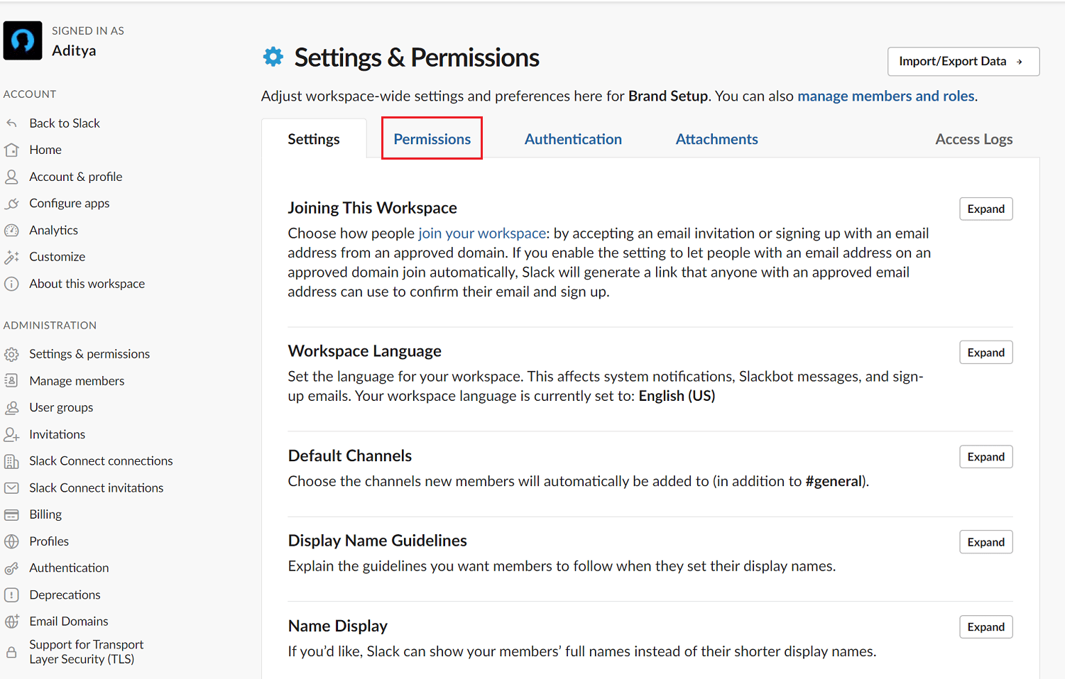 Click on Permissions on Slack App