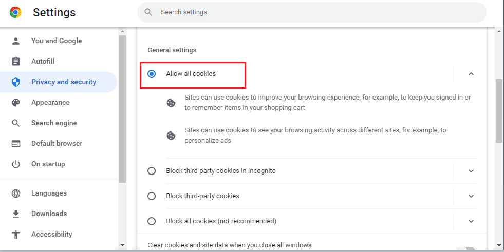 Allow all Cookies in chrome