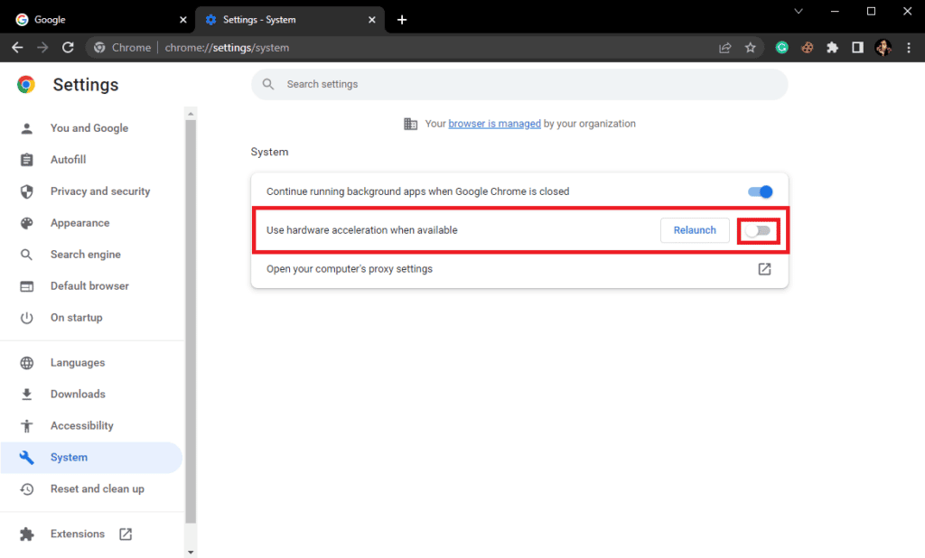 Toggle off Use hardware acceleration when available 