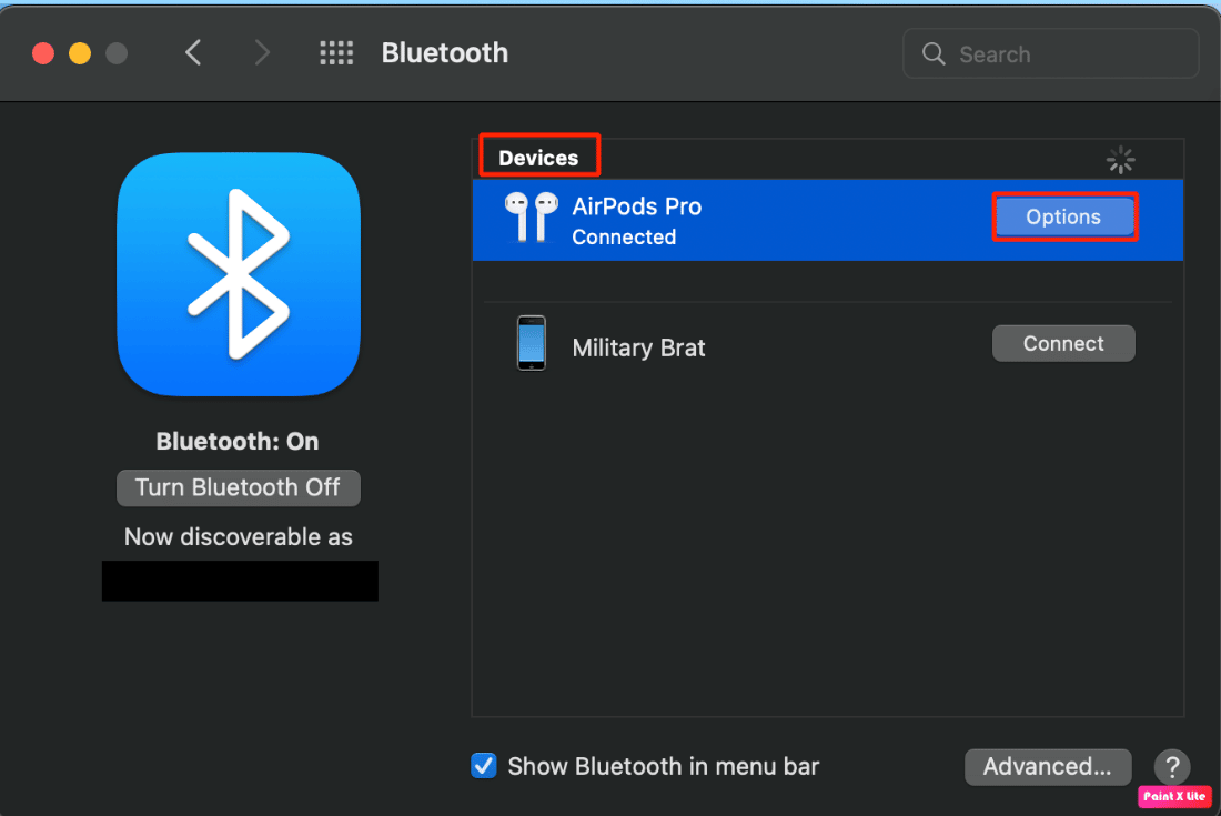 under devices choose options