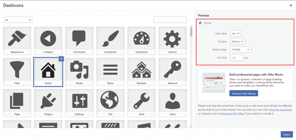 Picking a Dashicons icon and configuring its look through the ThemeIsle plugin