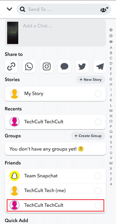 Tap on the desired Snapchat profile you want to send this chat again | How to Repost Instagram Videos on Snapchat Story