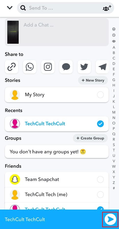 tap on the Send icon to repost the chat