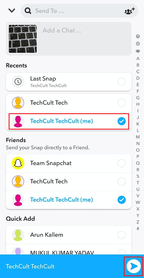 Tap on your Snapchat username (me) - Send icon