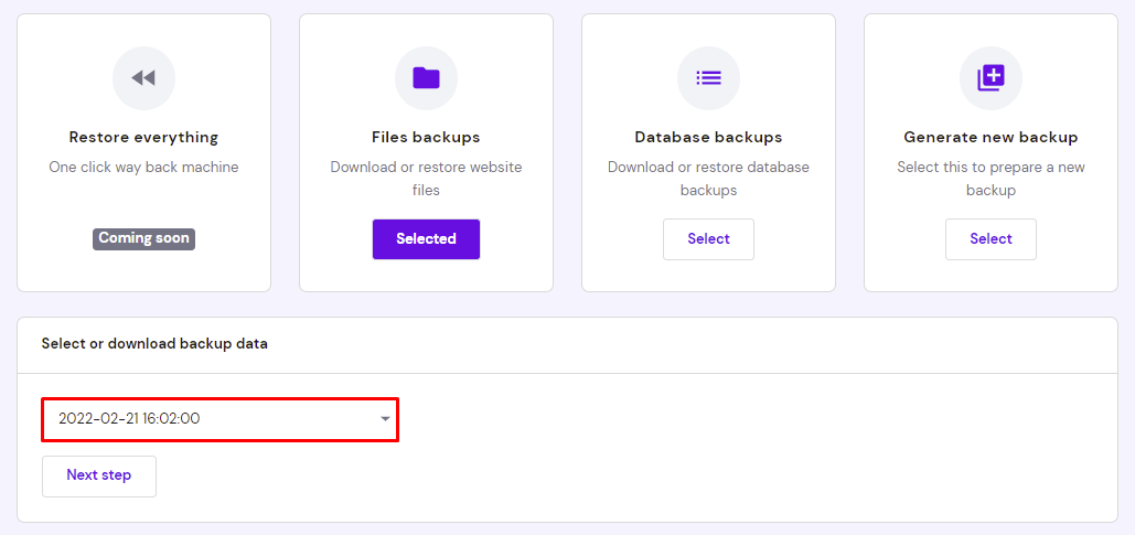 Specifying the file backup data to download based on the date of creation